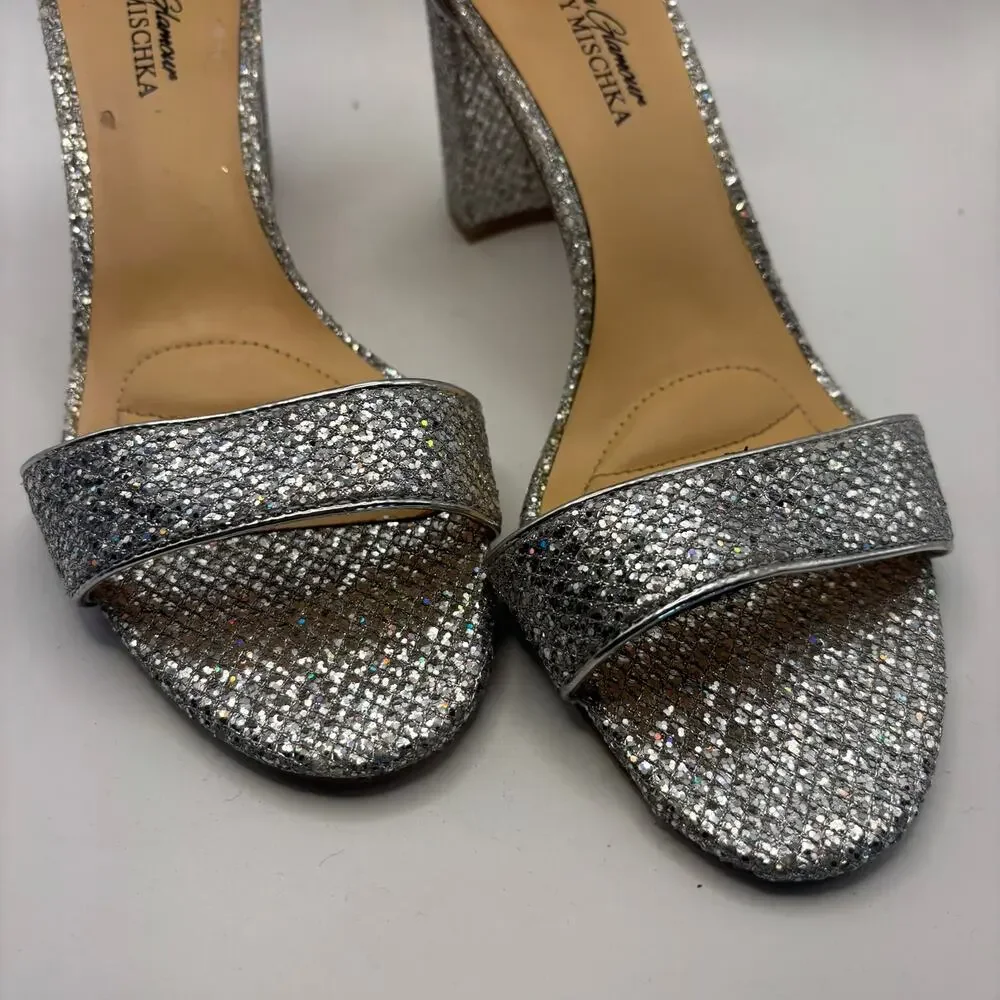 Badgley Mischka American Glamour Silver Glitter Block Heel Sandals Size 8